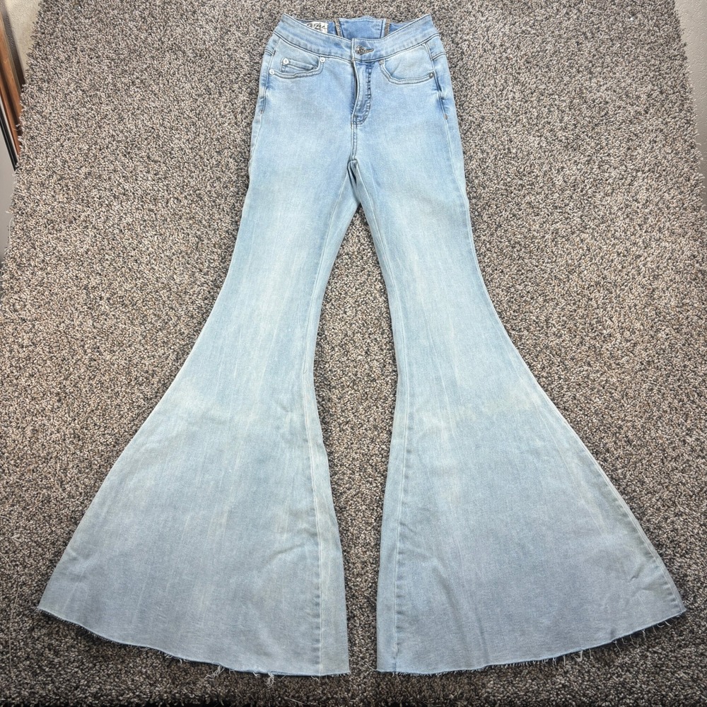 We The Free Women's 23x32 Jeans Light Wash Lace Up Back Flare Bell Bottom
